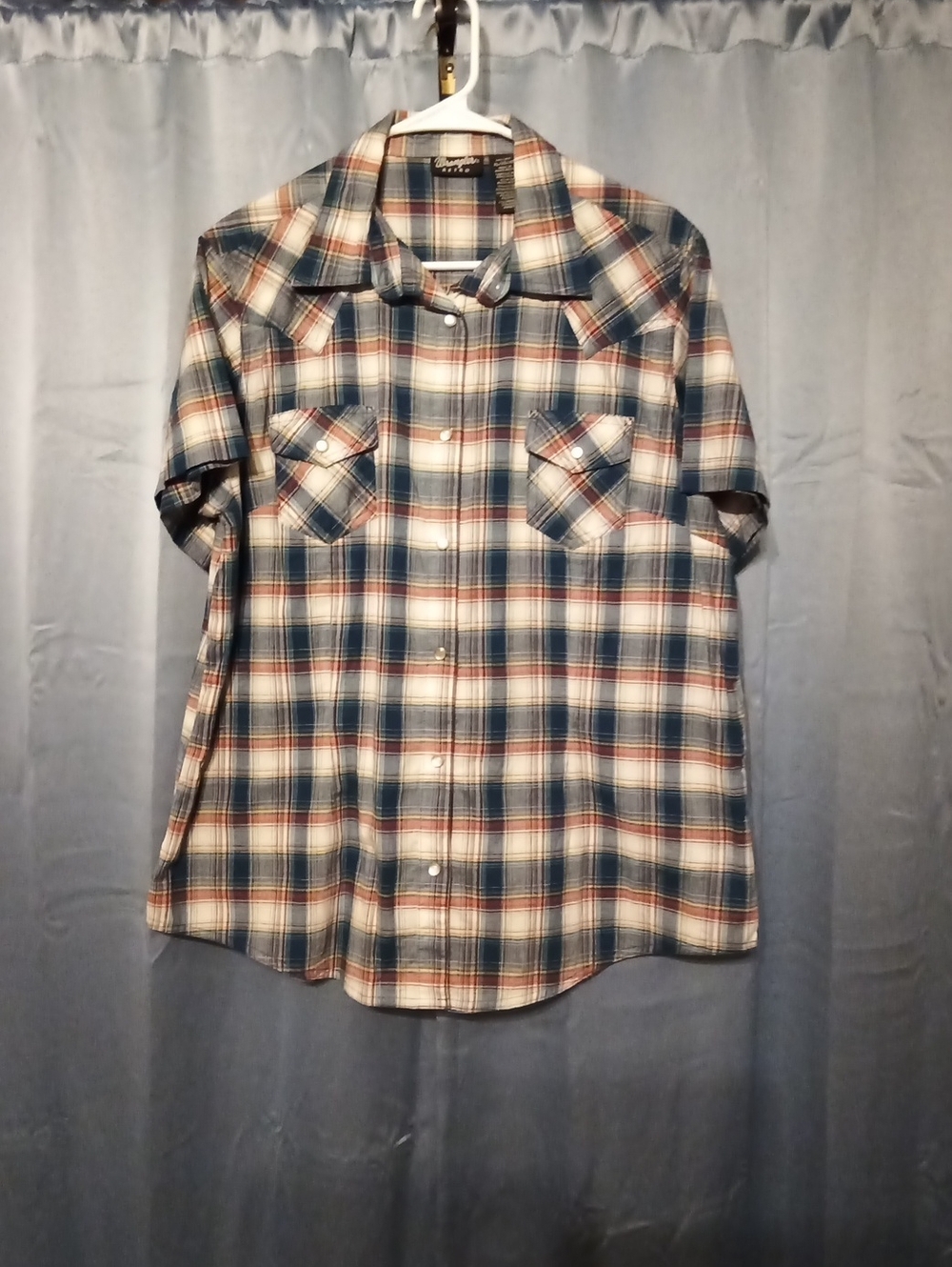 Women's Short-Sleeve Plaid Button-Up Shirt - Blue & Cream